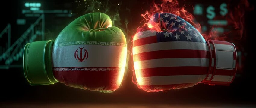 USA & Iran Diplomatic Tension. Conceptual image of economic and trade conflict represented by boxing gloves with Iran and United States flags.