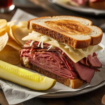 Delicious corned beef sandwich with cheese and pickle on side on a plate