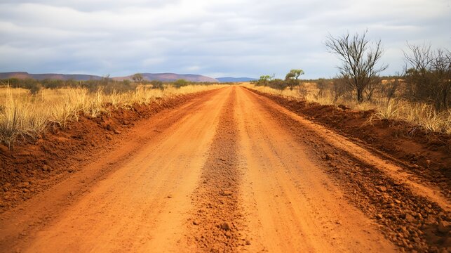 Red dirt road stretching into arid landscape under cloudy sky