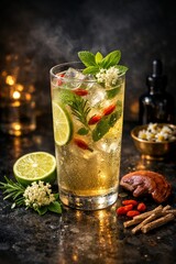 Fototapeta premium Refreshing herbal cocktail with lime and mint on dark background