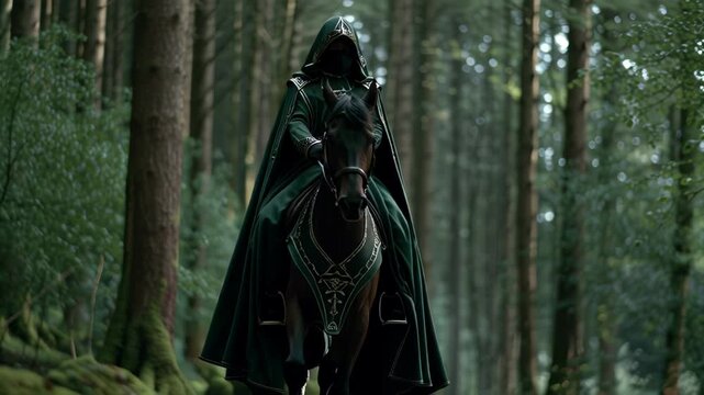 Mysterious hooded figure riding a horse through a dense forest.