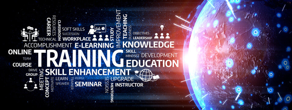 Vibrant visual that highlights key concepts of training and skill enhancement in education, emphasizing online learning and professional development in a digital context. Tessel