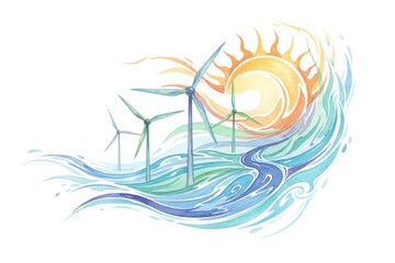 Obraz premium Wind turbines solar energy water waves form green energy clean energy illustration. Renewable energy environmental protection power generation energy concept sustainable future ecological concept.