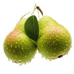 Fresh green pears with water droplets and leaf, perfect for healthy eating and culinary use