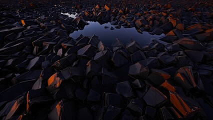 Fototapeta premium Dark Volcanic Rocks with Reflecting Water at Sunset