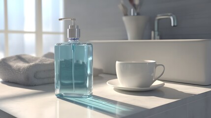 A serene bathroom scene featuring a blue liquid soap dispenser, white cup, and soft towel, illuminated by natural light, creating a calm and refreshing atmosphere.