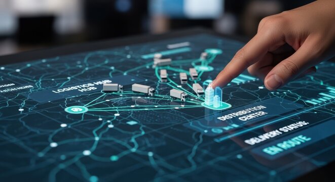 Finger tracing the path of a digital supply chain map with moving truck icons to monitor logistics and delivery status.