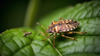 Brown marmorated stink bug and small flying insect on green leafy plant in nature