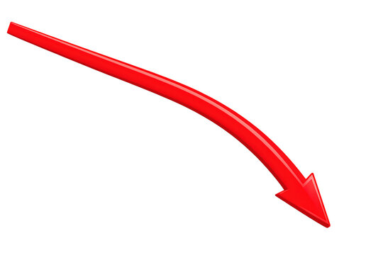 Red decline arrow indicating downward trend, financial crisis, economic recession, market fall, loss, and business decrease