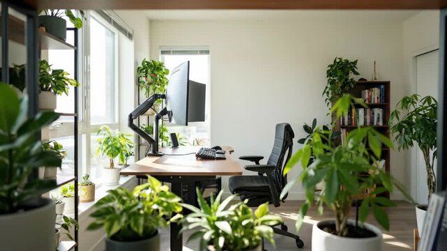 Modern workspace ergonomic chair monitor stand plant promoting posture correction comfortable office environment healthy productive workspace