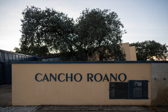 Badajoz, Spain - 14 Oct 23: Cancho Roano visitor building and entrance area at sunset