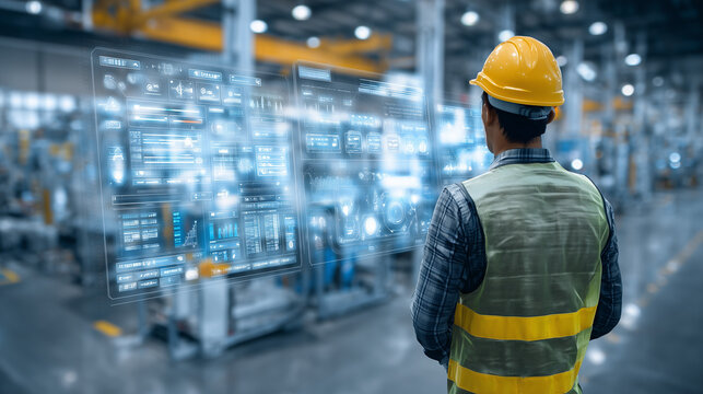 asian male engineer in yellow hard hat monitoring smart factory, automation control system with holographic data interface in manufacturing plant, industrial engineer using futuristic digital twin