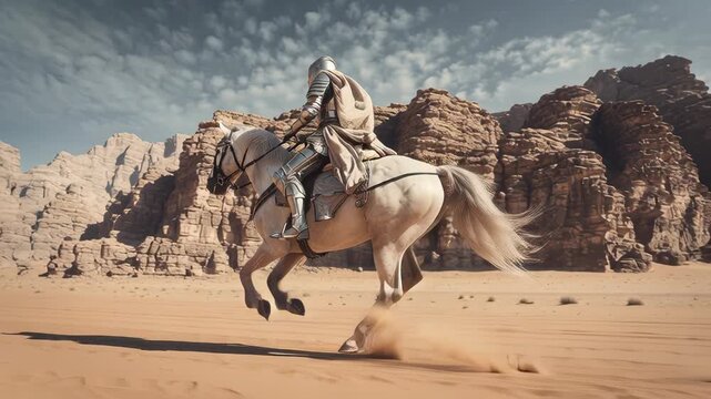 A warrior riding a horse galloping across a desert landscape with rocky cliffs.