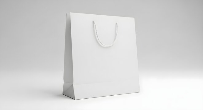 A clean, minimalist presentation of a blank white paper gift bag with braided rope handles set against a soft, bright gray studio background, perfect for mockups.