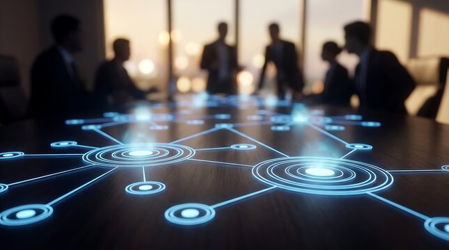 A vibrant blue digital network pattern illuminates a conference table, with blurred business people holding a meeting in the background.