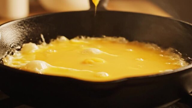 Close-up shot of pouring liquid egg mixture into a hot cast iron skillet for cooking a breakfast omelet