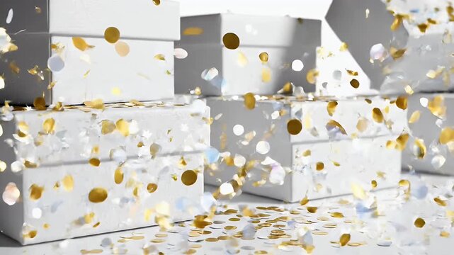 Gold Confetti Falling on White Gift Boxes