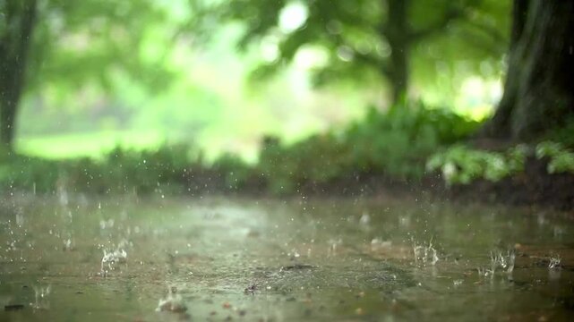 Peaceful rainy day background featuring raindrops falling on a wet patio with a blurred forest landscape.
