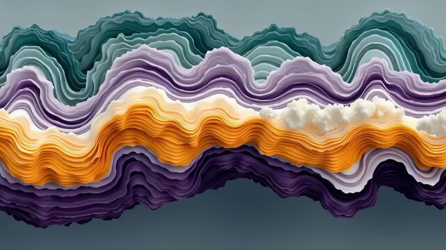 Abstract landscape paper art layered waves pastel color purple teal orange white cloud 3d render modern design creative background calm mood gentle flow surreal art abstract layered paper art