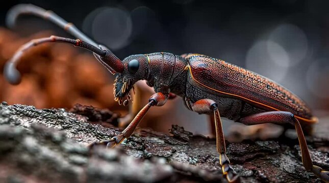 A macro close-up of a small black beetle and a brown weevil insect resting on a green leaf and textured wood in the wild nature