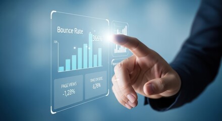 Hand analyzing website bounce rate on digital interface, digital marketing, blue toned background, shallow depth.