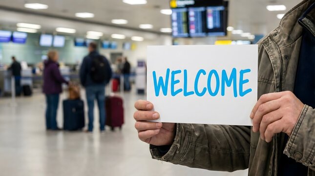 Person holding a 'WELCOME' sign in a busy blurred airport terminal, greeting an arrival or assisting travelers.