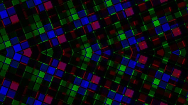 Dynamic abstract pattern of interlocking vibrant red, green, and blue geometric squares, forming a mesmerizing digital mosaic with a modern pixel art feel