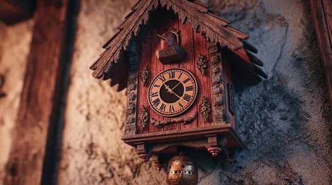 An antique cuckoo clock with a pendulum face hangs on the weathered wall of an old wooden house beside a vintage door, capturing a moment of ancient architecture and retro city time