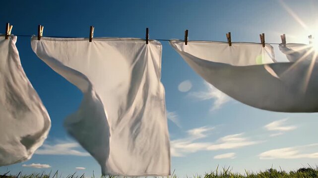 White sheets billowing on a clothesline under a bright blue sky