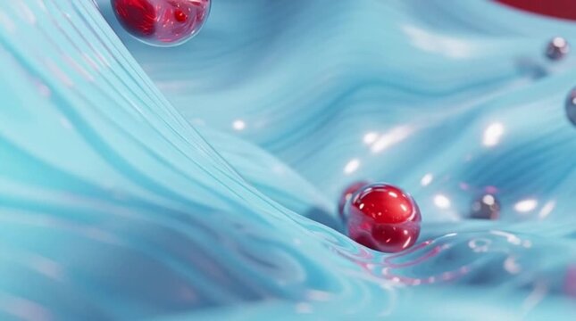 Macro shot of a bright red ladybug beetle on a green spring flower petal covered in clear water drops for a festive nature decoration