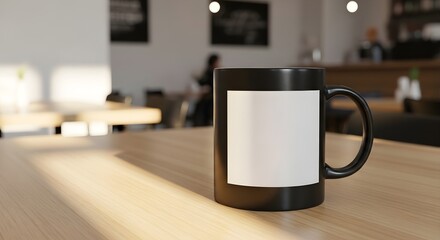 Fototapeta premium Black ceramic coffee mug mockup with blank white label ready for branding or custom design placed on a light wooden table inside a cafe setting