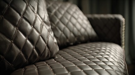 Fototapeta premium Close up View of Diamond Quilted Brown Leather on Lounge Sofa in a Gray Setting With Moody Lighting Creating an Inviting Space