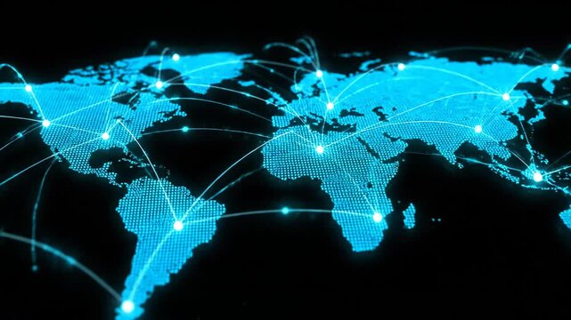 A vibrant blue digital representation of the world map with glowing nodes and connecting lines illustrating a worldwide network and data transmission.