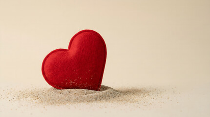 Fototapeta premium Close-up view of a soft red fabric heart gently tilted on a textured beige surface, captured in a minimalist photograph