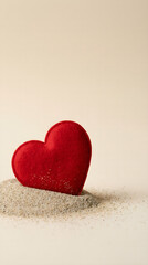 Fototapeta premium Close-up view of a vivid red heart resting on smooth beige sand with subtle shadow, captured in a minimalist photographic composition