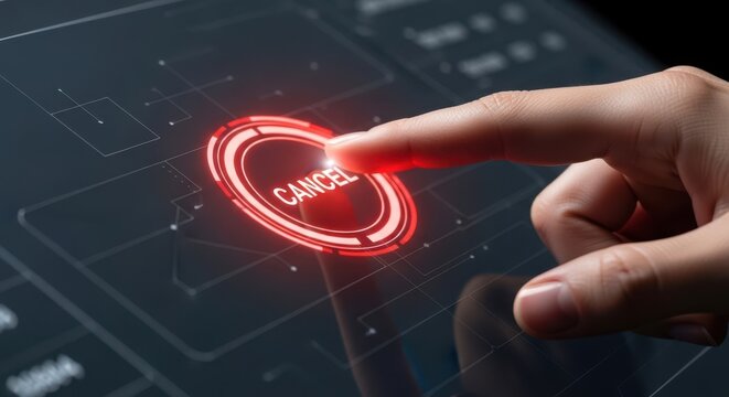 Professional hand touching a digital cancel button to abort an operation immediately.