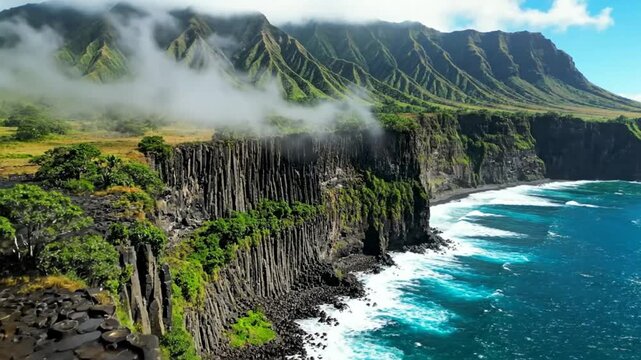 Scenic aerial view of dramatic coastal cliffs with basalt columns, lush green mountains, and vibrant ocean