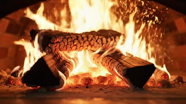 Close-up view of a wood-fired pizza oven with burning logs and vibrant orange flames creating a cozy atmosphere.