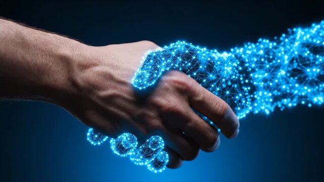 A human hand reaches out to a glowing blue digital construct representing artificial intelligence in a handshake. Dark background emphasizes the futuristic connection.