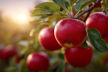 Obraz premium Ripe red apples on tree branch at sunrise with dew drops