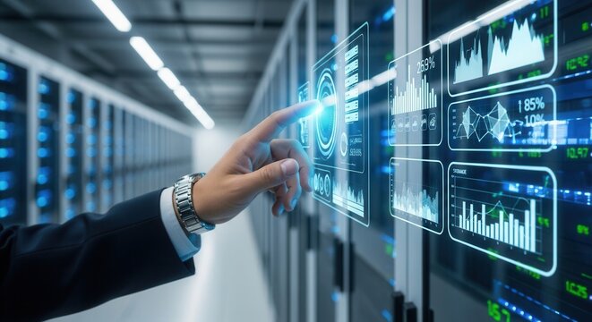 Business hand interacting with a digital server rack to manage data center operations and storage.