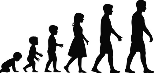 Obraz premium Silhouette Illustration Showing Human Life Stages from Crawling Baby to Adult Man Walking, Concept of Growth, Development, Aging and Evolution Timeline Progression Sequence Graphic