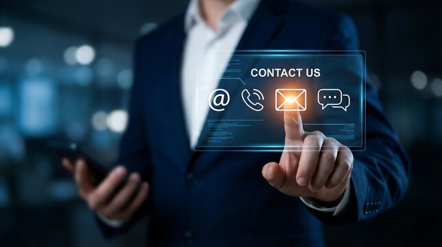 A professional businessman in a crisp suit points his finger towards a glowing "Contact Us" interface, featuring digital icons for email, phone, and messaging, symbolizing accessible communication.