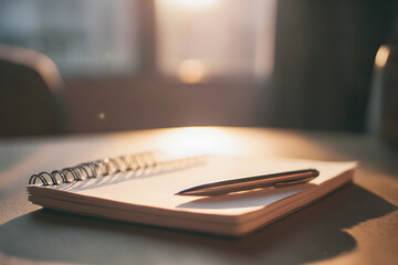 The Art of Reflection: A poised pen rests atop a pristine notepad, the scene illuminated by the gentle embrace of the setting sun, inspiring reflection and ideas.