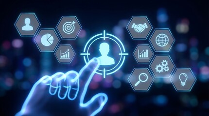 A digital human hand, emanating a blue glow, emphatically points towards a central user icon encircled by a target graphic and a comprehensive suite of business strategy icons.