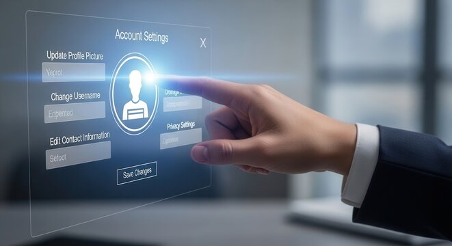 Business hand selecting a user profile avatar to update personal information and account settings securely.
