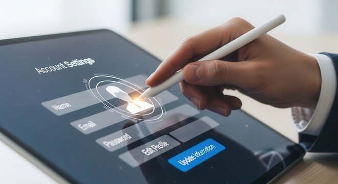 Business hand selecting a user profile avatar to update personal information and account settings securely.