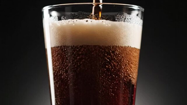 Close-up shot of dark ale pouring into a glass with frothy head against a dark background.