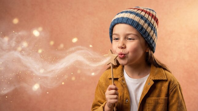 Cute young girl in a winter hat blowing magical stardust from a star wand.