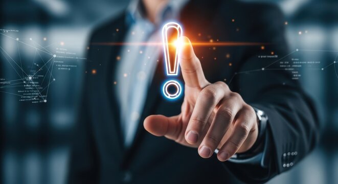 Business hand touching a virtual exclamation point to acknowledge a system alert.